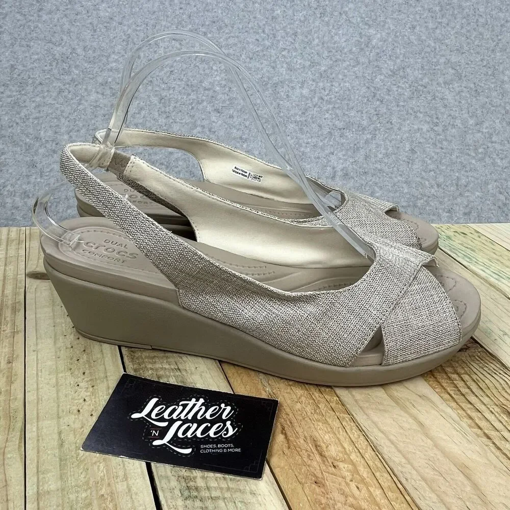 Crocs Leigh Ann Slingback Wedge Heels Womens Sz 10 Beige Fabric Sandals 205261